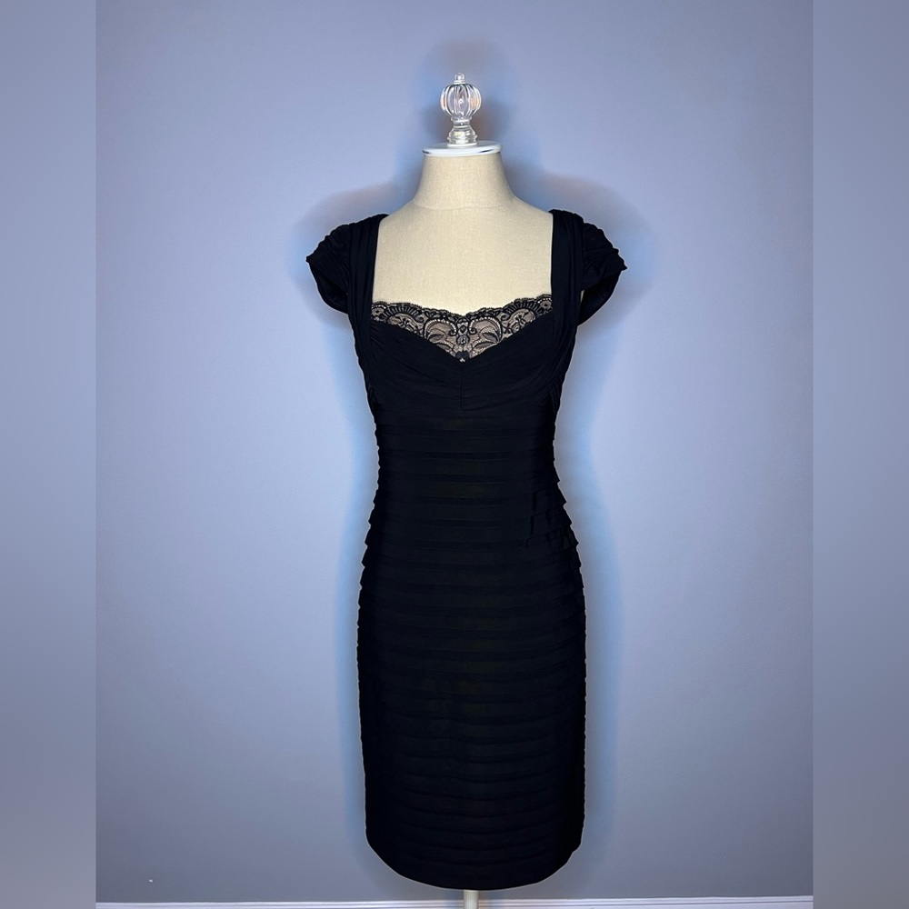 Adrianna Papell Black Formal Bodycon Midi Dress with Lace Bust Detail